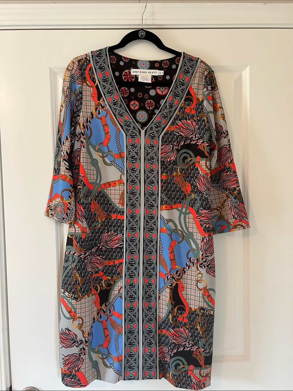 Gretchen Scott Black Mixed Geo Print 3/4 sleeve dress  - Red, Blue, Olive SZ L